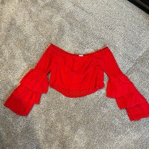 Tobi Red Off-The-Shoulder Bell Sleeve Crop Top